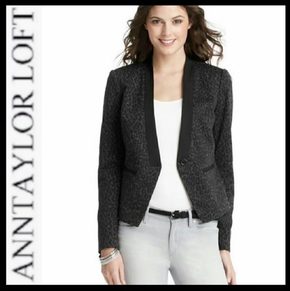 EUC‎ Ann Taylor LOFT Black Gray Leopard Print Tuxedo Jacket Blazer (2) #0597